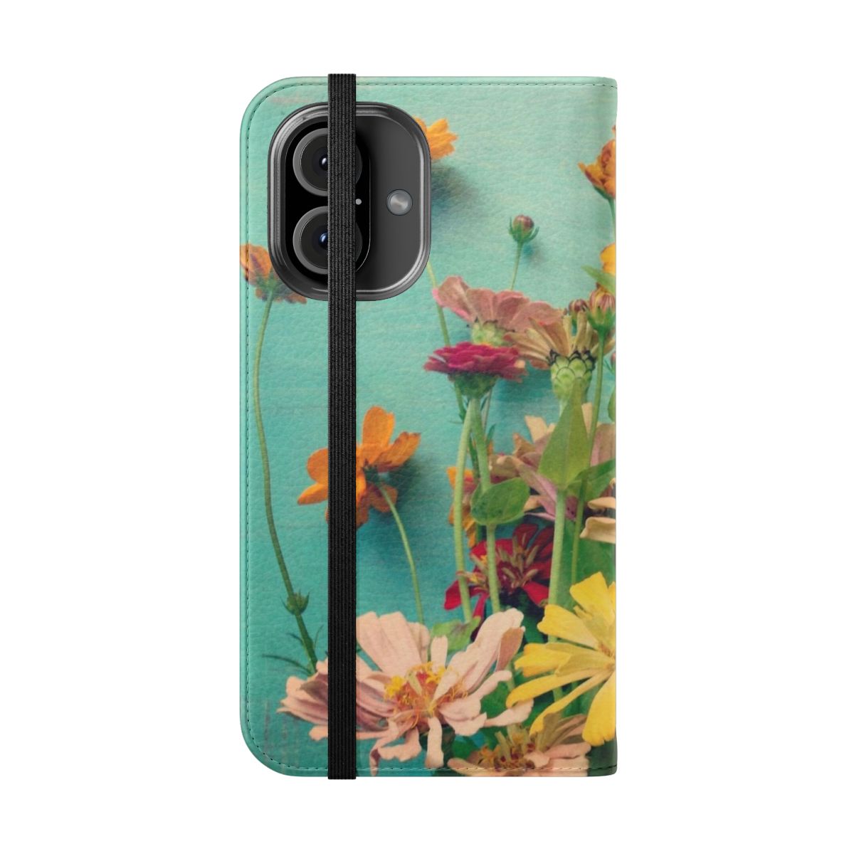 Floral phone case with vintage botanical design featuring cosmos and zinnia flowers in shades of blue and orange - Folded Front