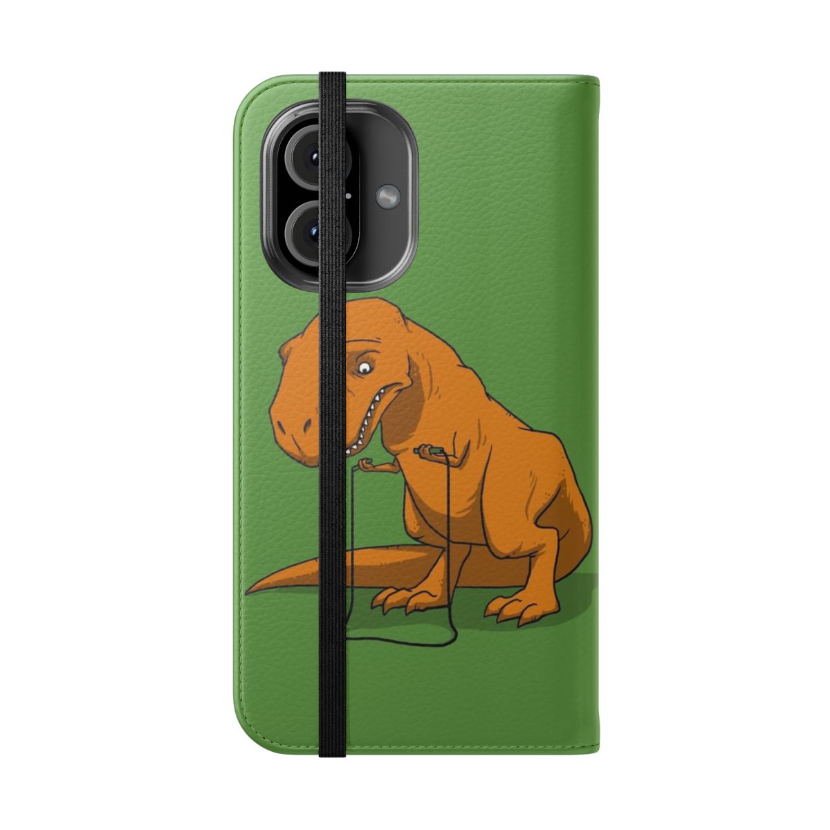 Flip cover phone case featuring a playful tyrannosaurus rex design, ideal for kids. - Folded Front