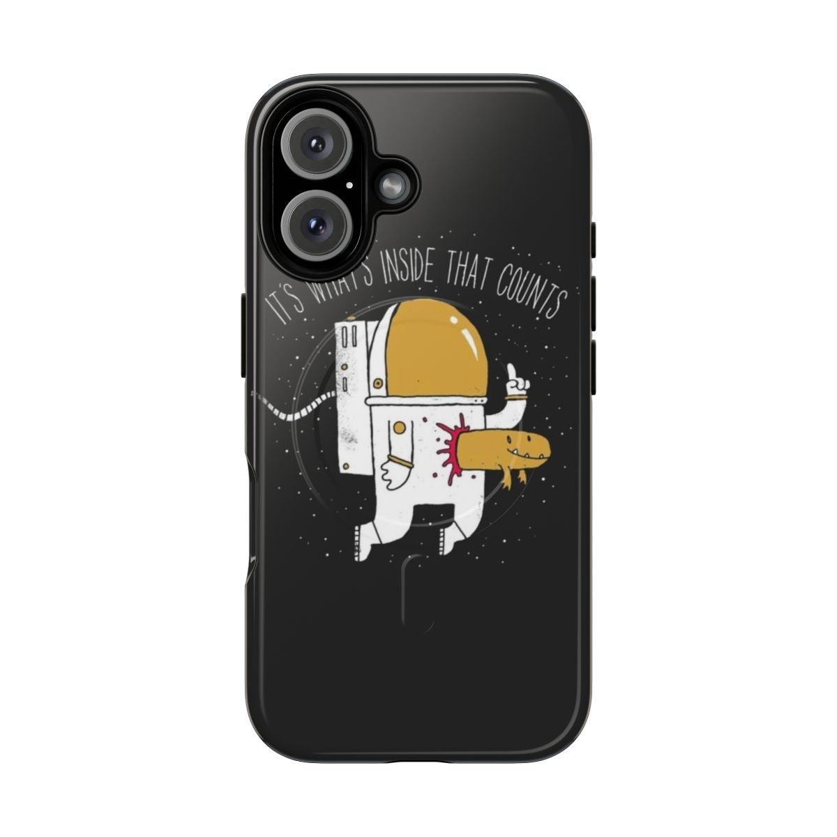 A space-themed phone case with a "Space Sucks" typography design and illustrations of astronauts, aliens, and cosmic elements.