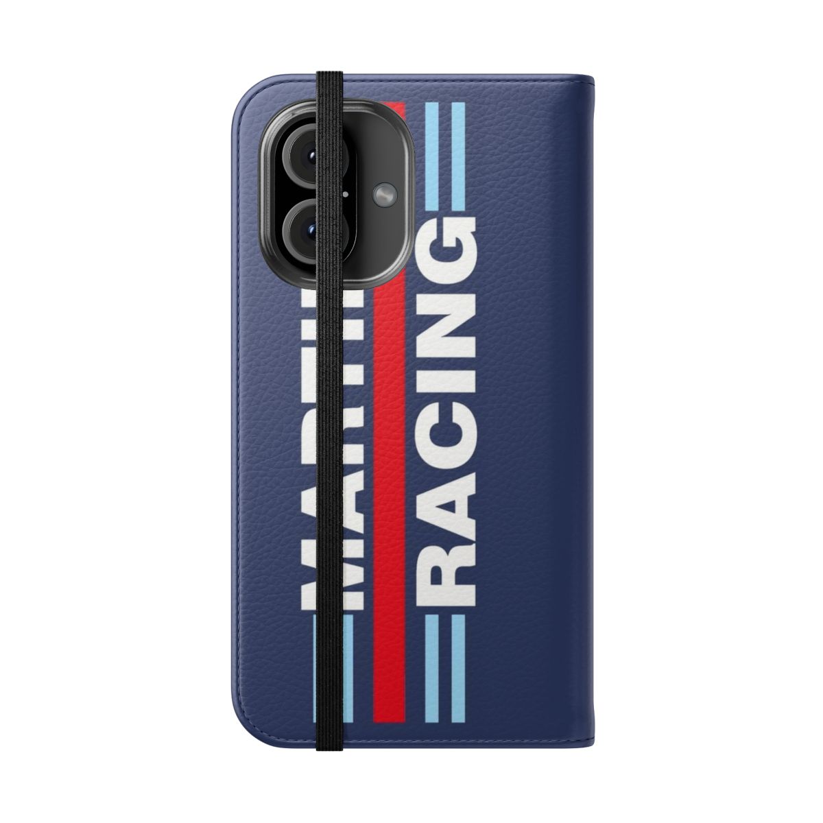 Vintage racing-inspired flip phone case with Martini Racing-style design - Folded Front