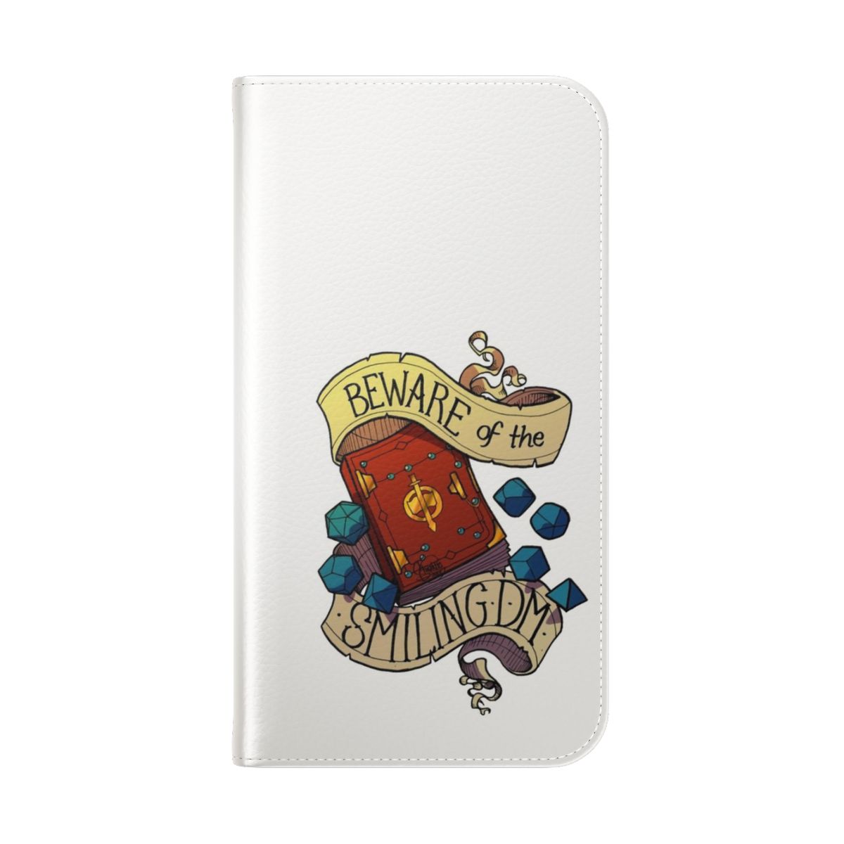 Flip cover phone case with a smiling dungeon master design, perfect for D&D fans. - Folded Back