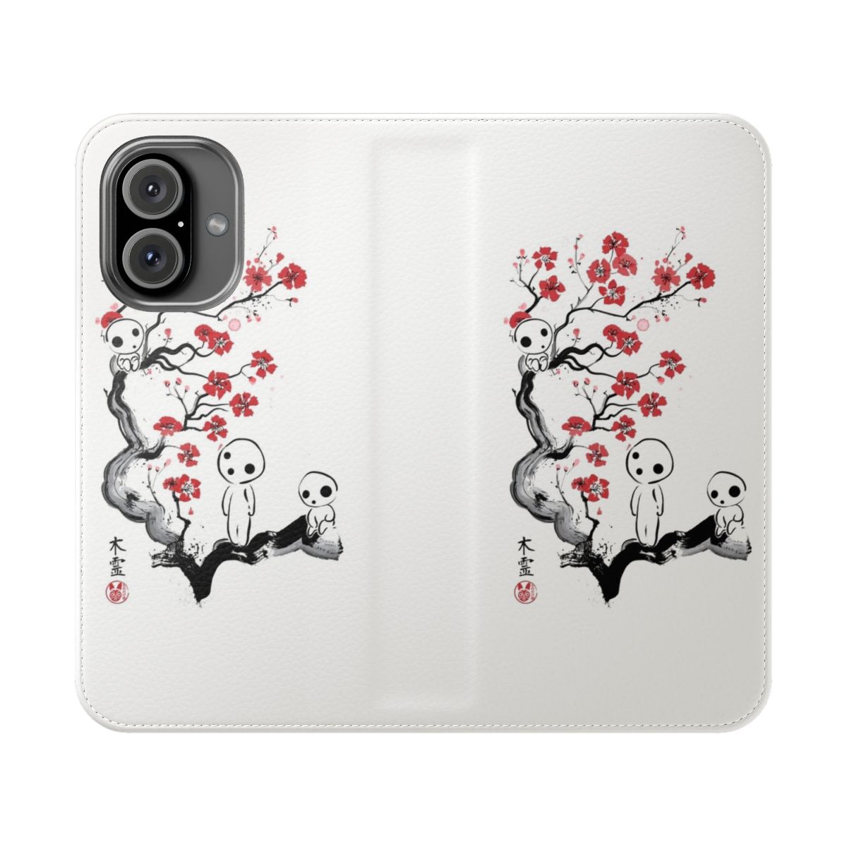 A protective flip cover phone case featuring whimsical forest spirits from Japanese anime.