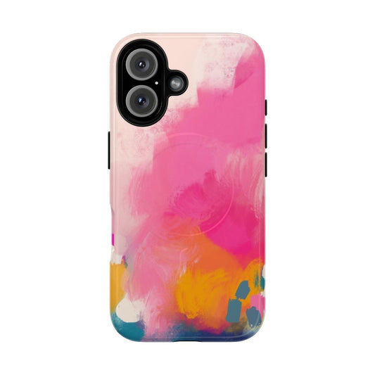 Vibrant abstract art phone case featuring pastel pink, orange, and blue brushstrokes and colors