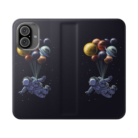 Phone case with a surreal, abstract design featuring space elements like planets, stars, and cosmic imagery.