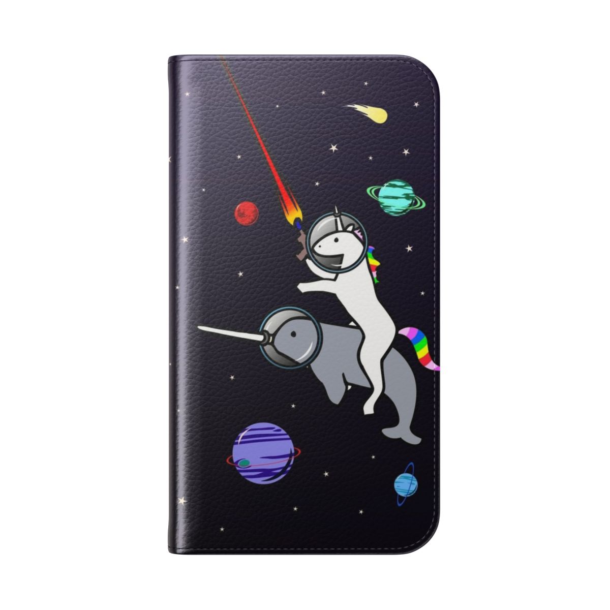 Vibrant illustration of a unicorn riding a narwhal in a cosmic space setting on a phone case cover. - Folded Back