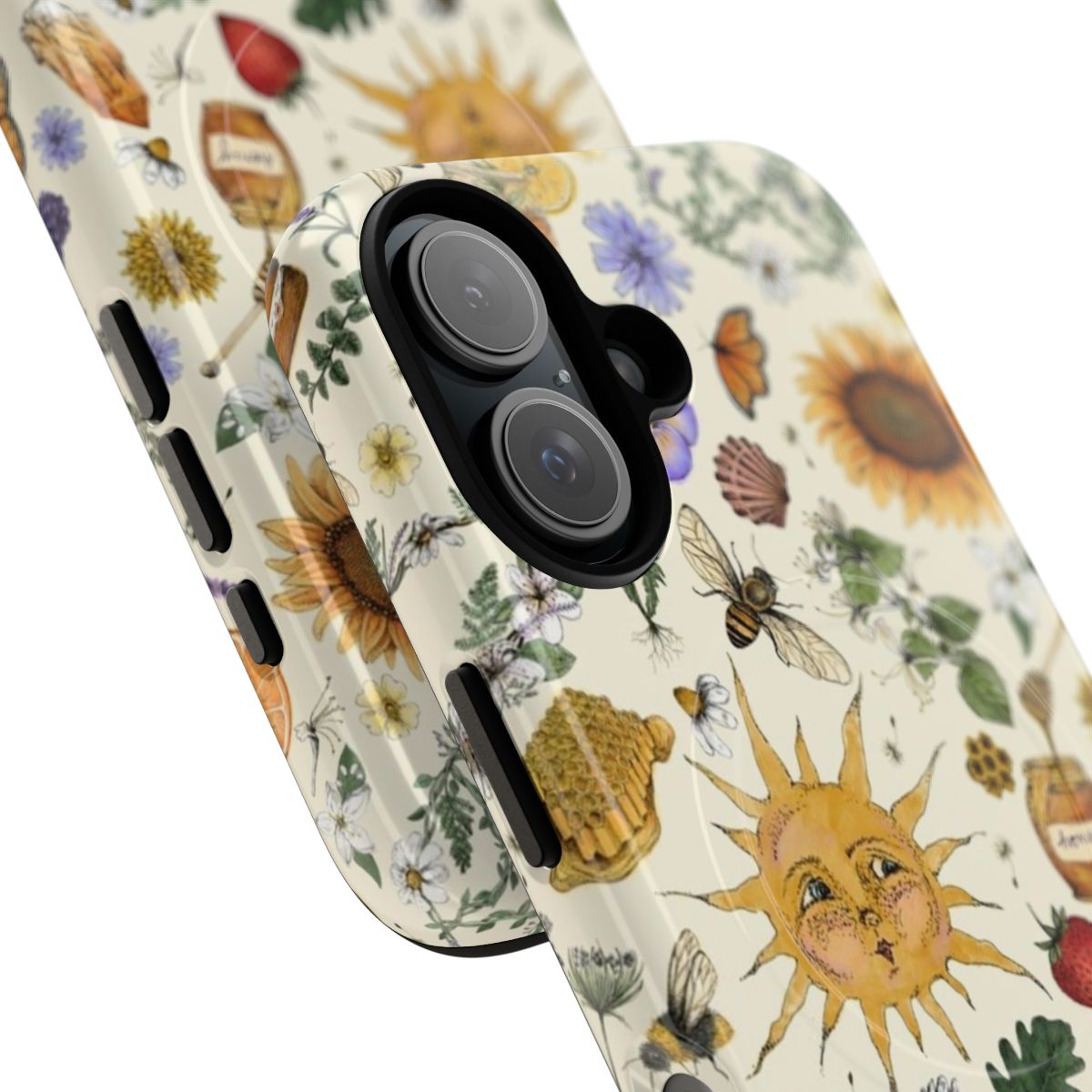 Cream-colored phone case with a litha pattern featuring a pentacle, sunflowers, and butterflies - Detail