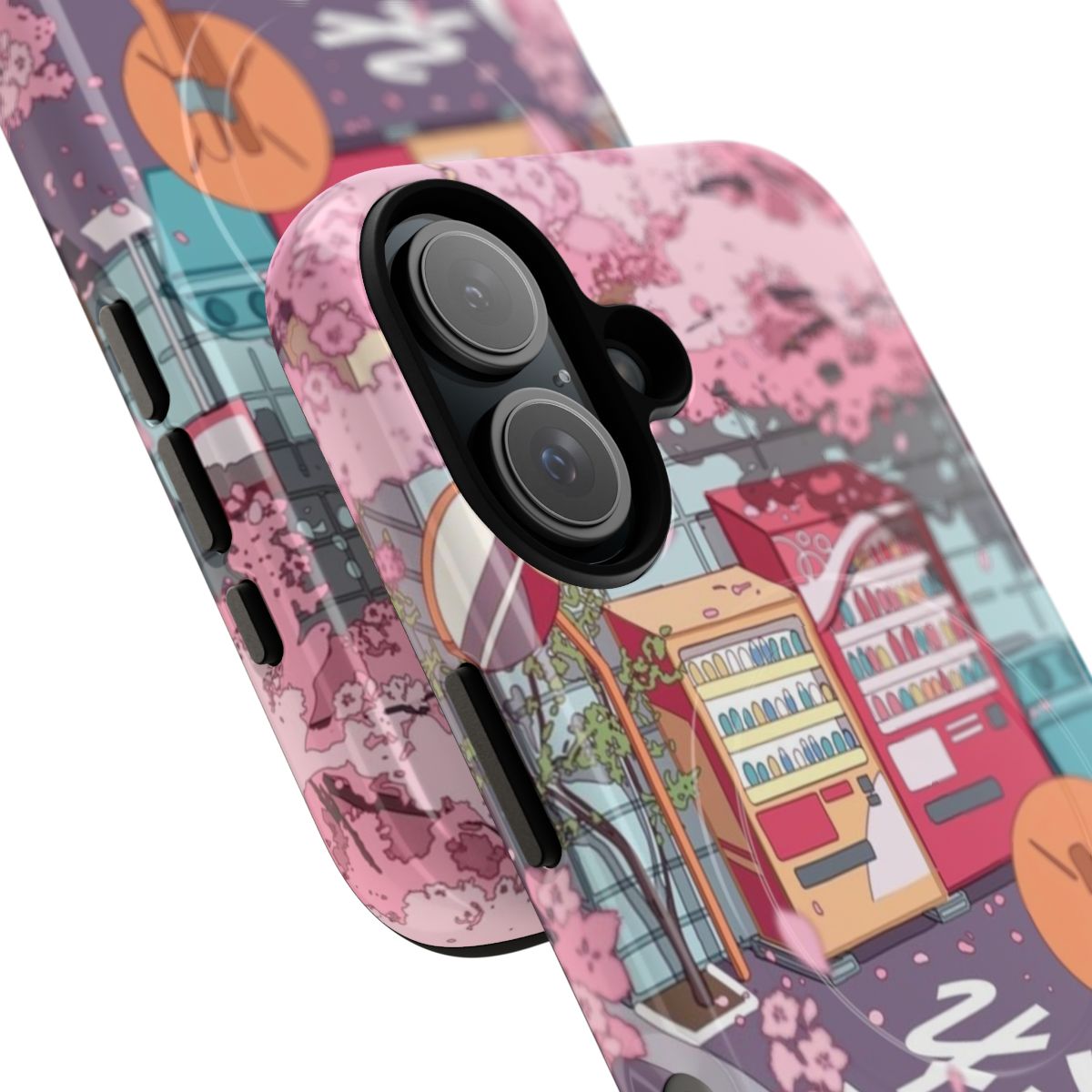 A beautiful phone case featuring a vibrant sakura tree blossom on a Japanese street scene. - Detail