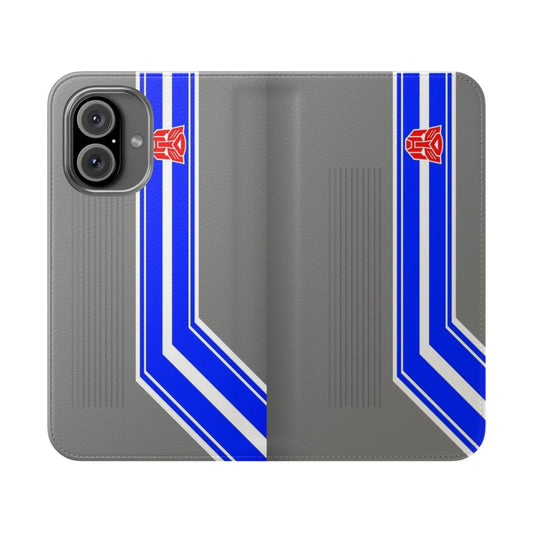 Transformers-inspired flip phone case with autobot and robot design