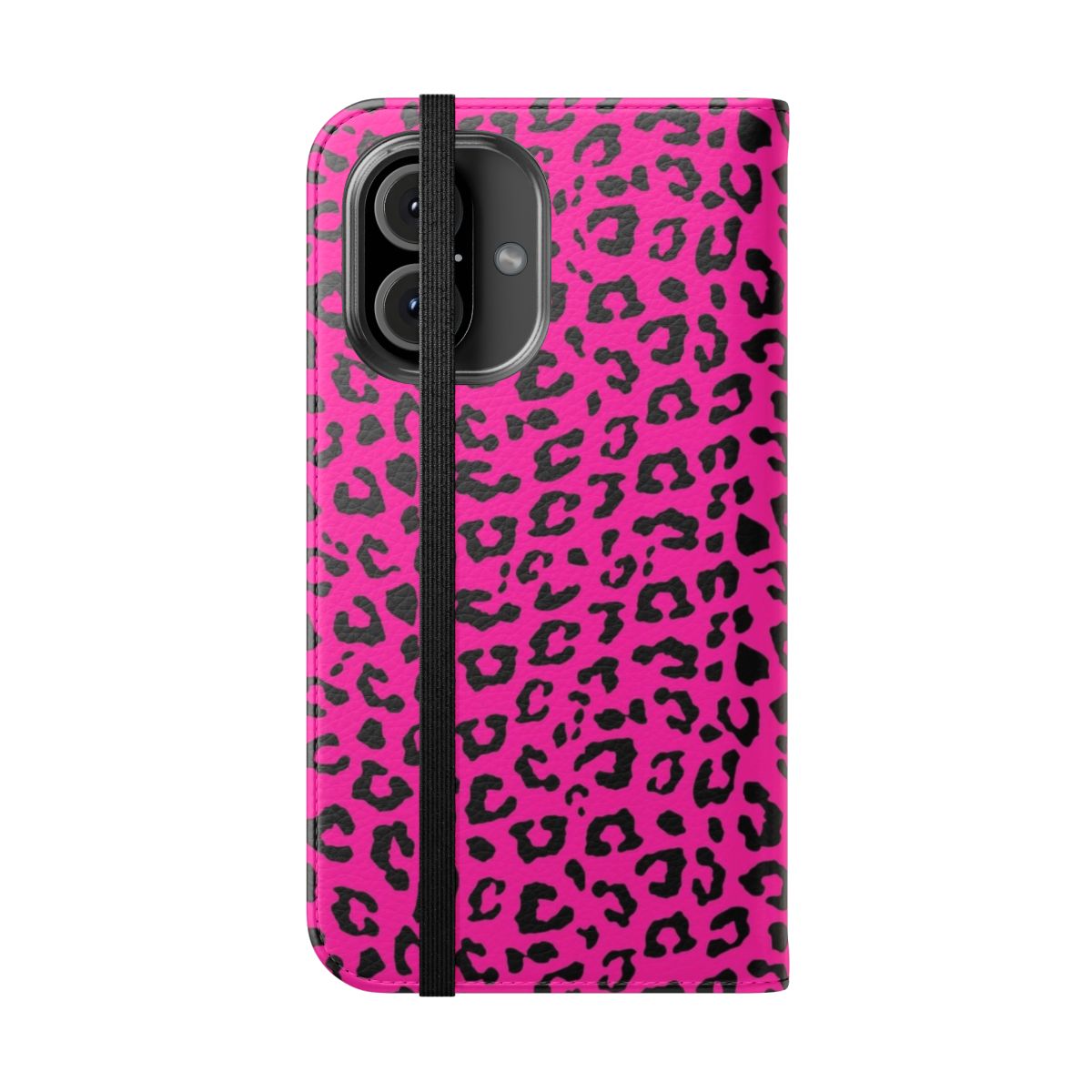 A pink and black leopard print phone case with a chic, feminine design. - Folded Front