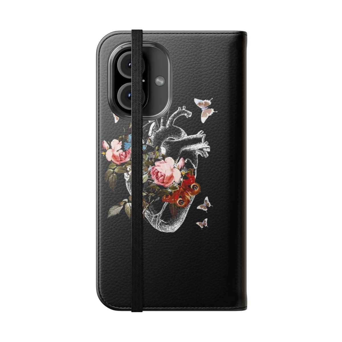 Floral heart-shaped phone case with watercolor design and human anatomy detail - Folded Front