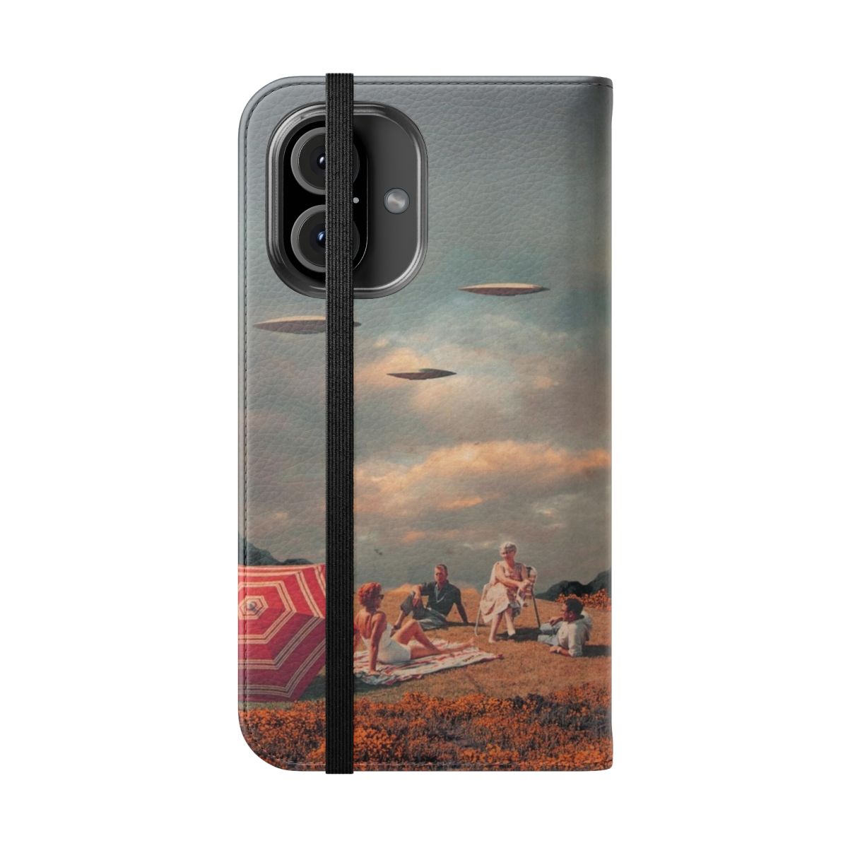 Retro-styled phone case featuring a digital collage design with UFOs, clouds, and a summer beach scene. - Folded Front