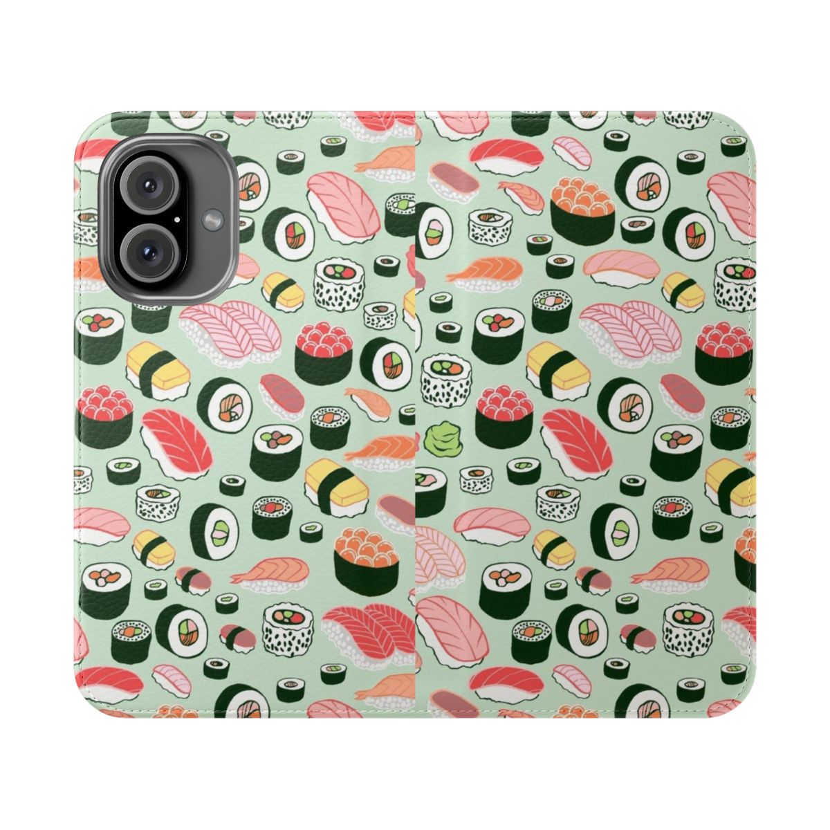 Colorful sushi-themed flip cover phone case with marine-inspired design