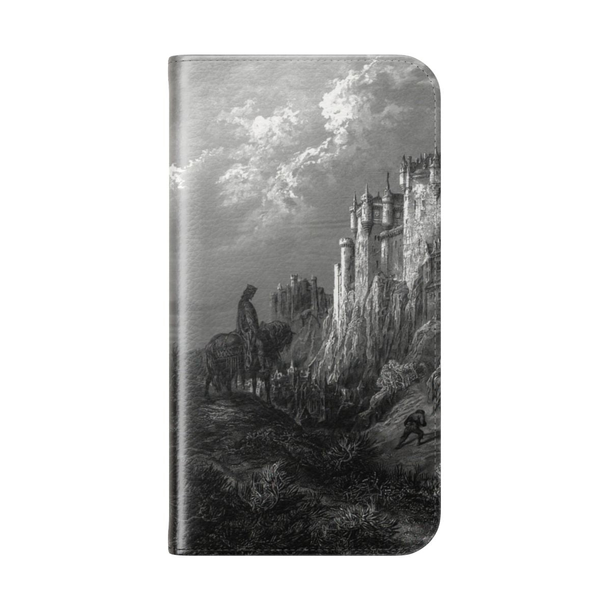 Artistic flip cover phone case featuring dark fantasy landscape inspired by Gustave Dore's illustrations for the literary classic Idylls of the King. - Folded Back