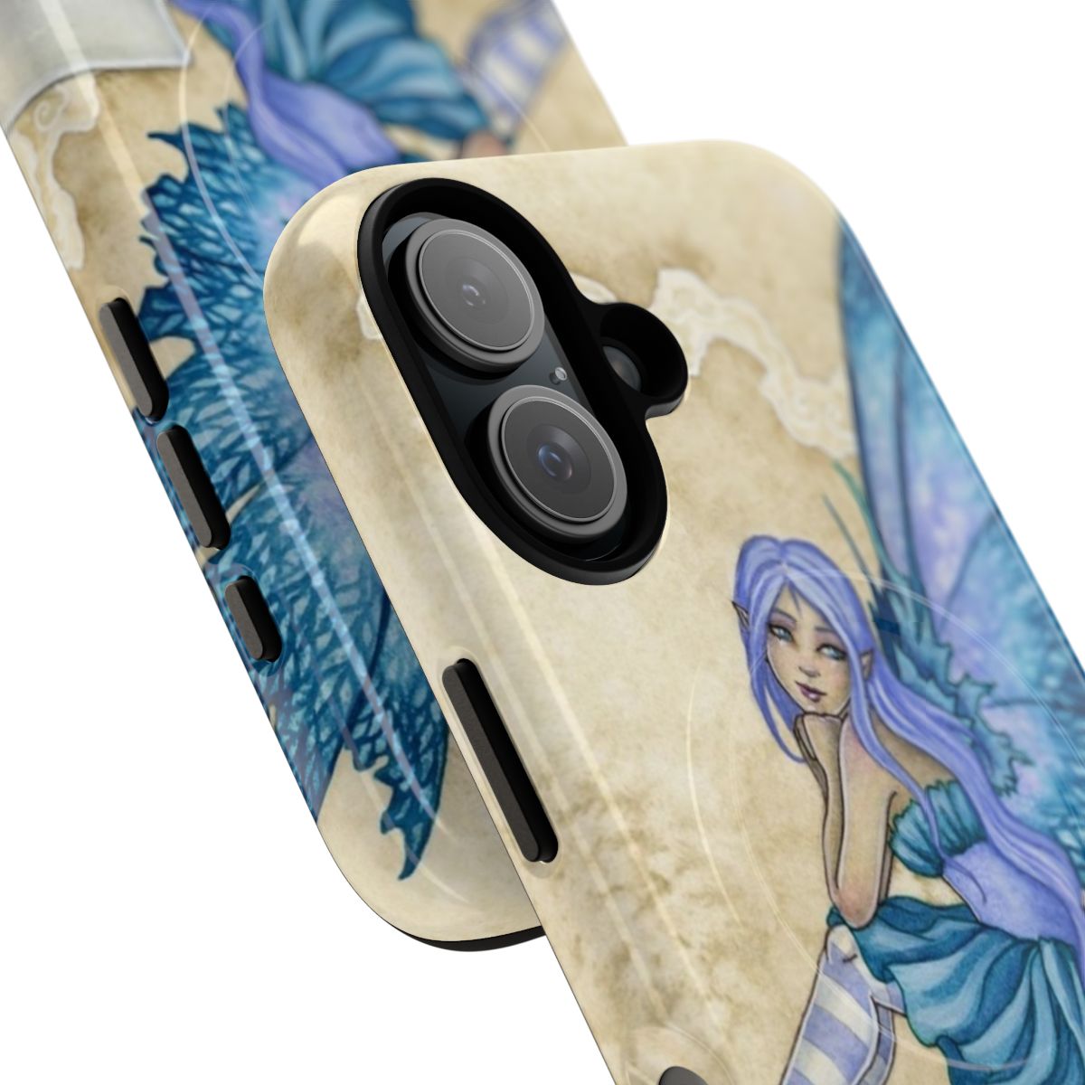 Muse fantasy-inspired magnetic phone case with fairy, book, and quill design - Detail