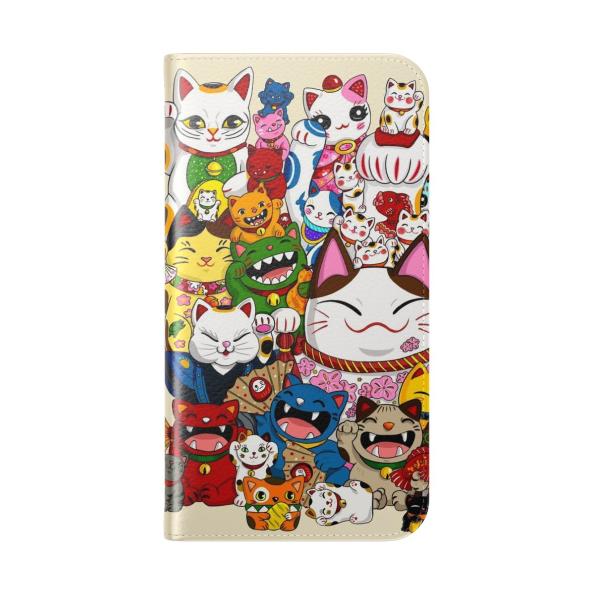 Colorful Maneki Neko (Lucky Cat) inspired phone case with a whimsical, artistic design - Folded Back