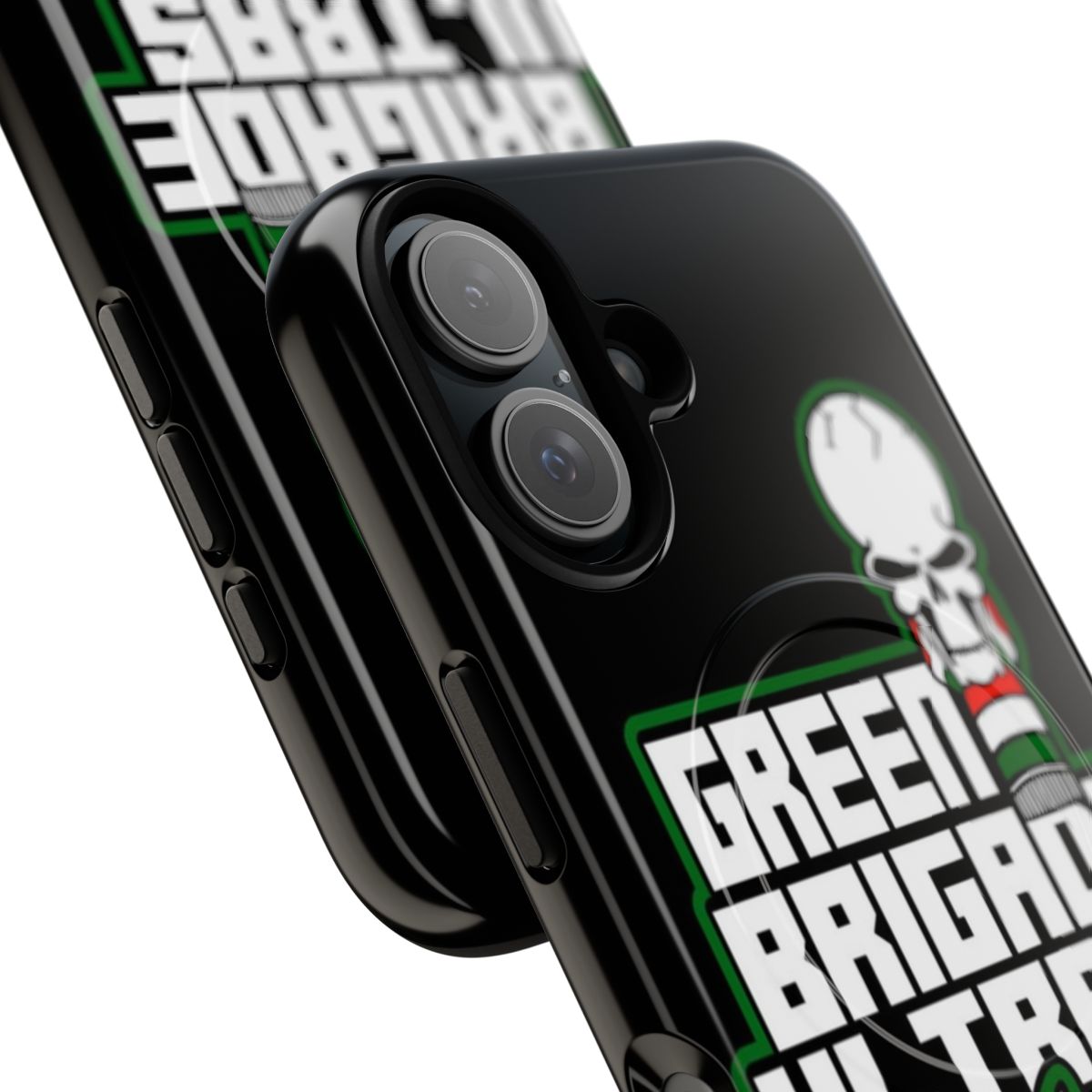 Tough magnetic phone case featuring the Green Brigade Celtic FC ultras logo - Detail