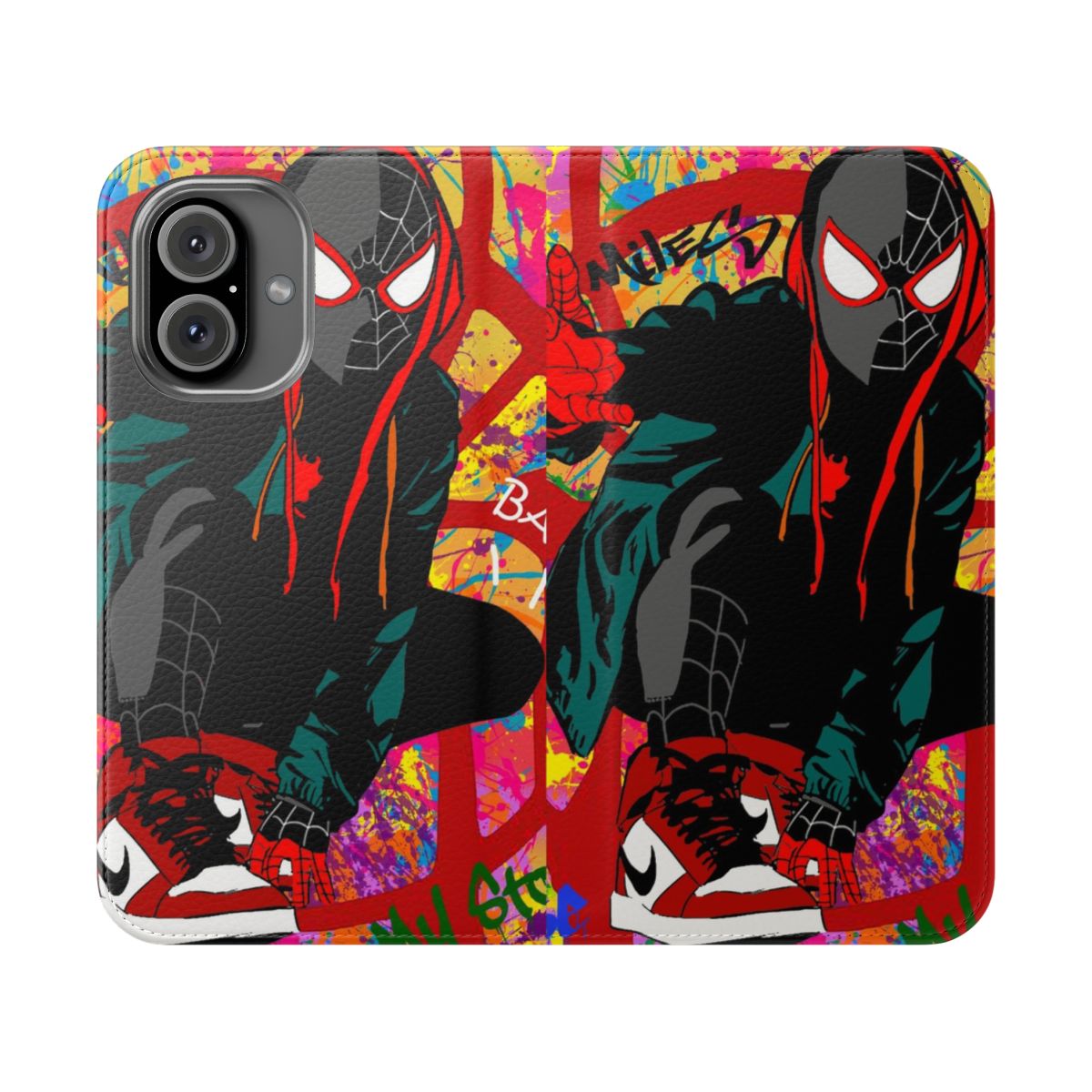 Colorful fan art inspired phone case featuring Miles Morales, the Spider-Man from the Spider-Verse