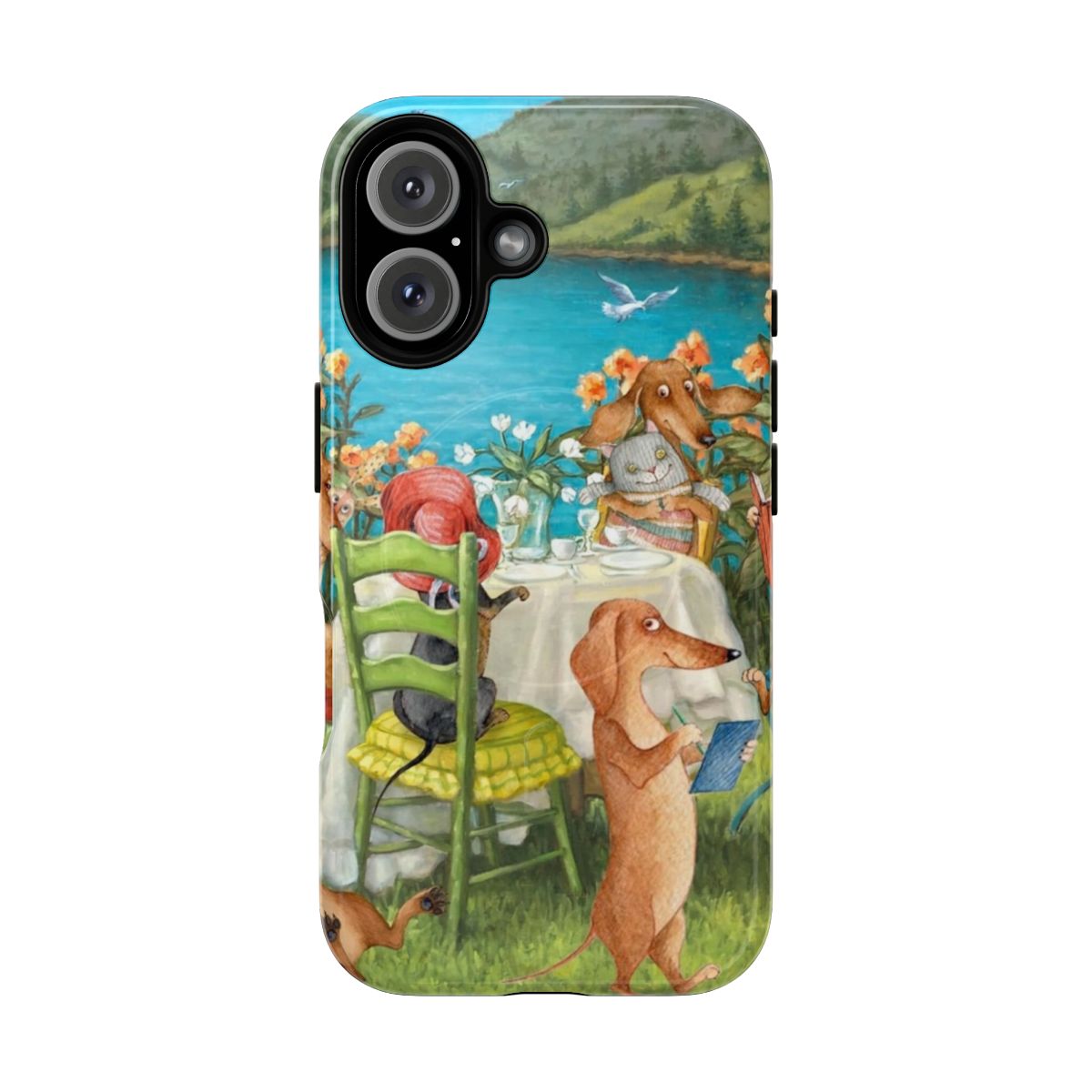 A durable phone case featuring a playful illustration of dachshund dogs playing near a lake.