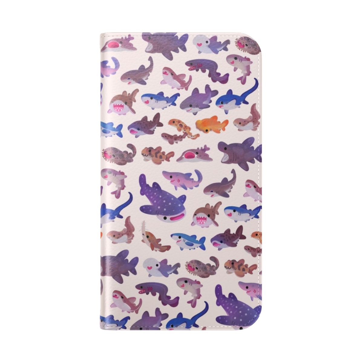 Pastel colored flip cover phone case with a shark design - Folded Back