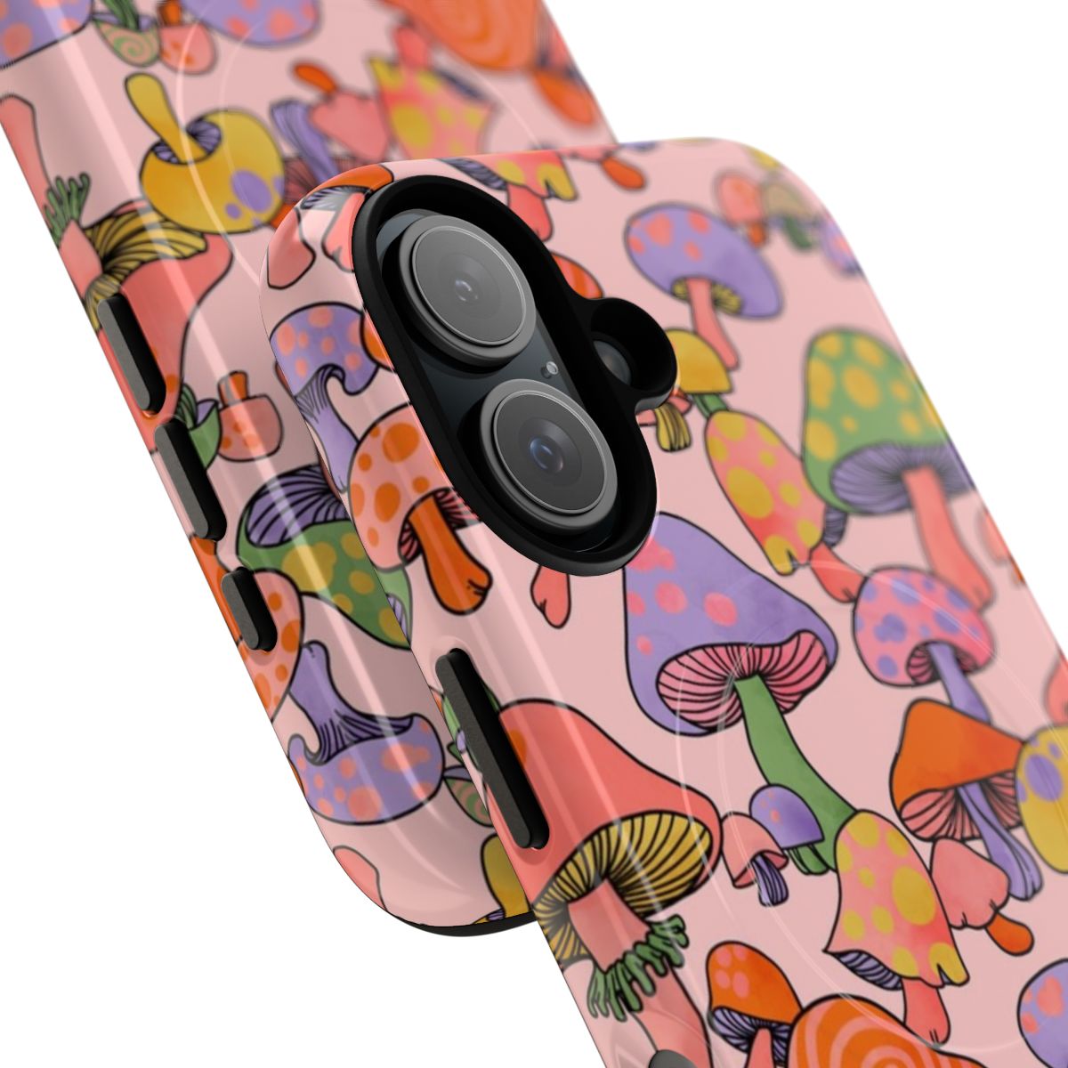 Vibrant psychedelic mushroom design on a phone case with retro, boho, and colorful elements. - Detail