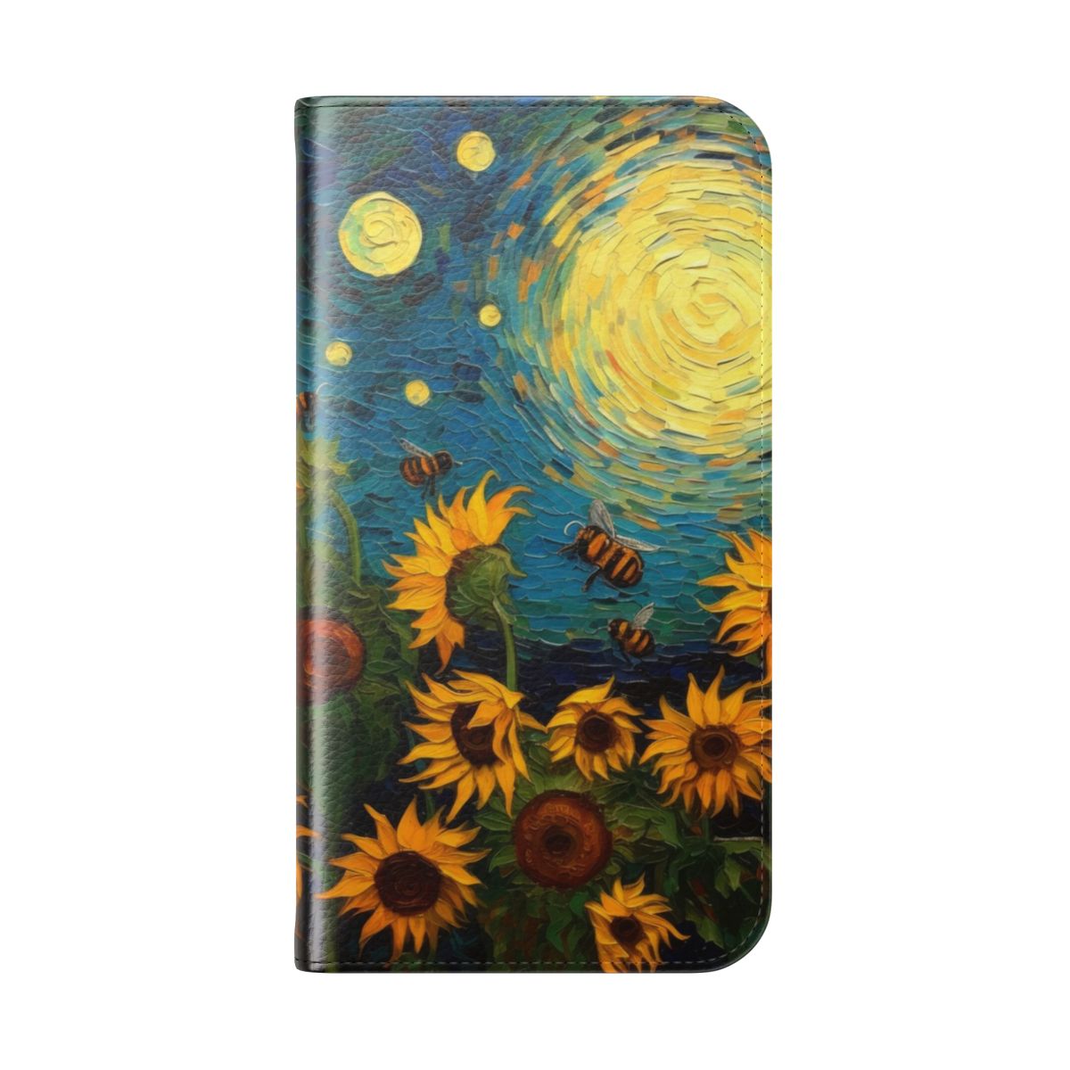 Flip cover phone case with a picturesque oil painting-style design featuring sunflowers and bees. - Folded Back