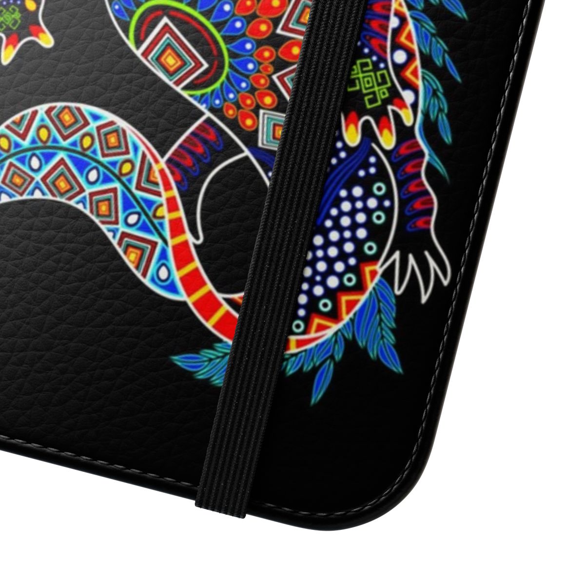 Colorful phone case cover featuring a cute axolotl salamander in a Mexican-inspired design - Close Up