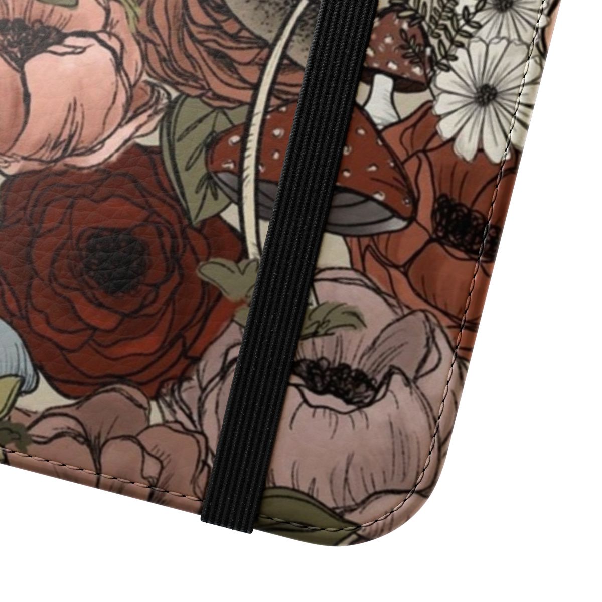 Vibrant floral and mushroom design on a phone case with a forest theme. - Close Up