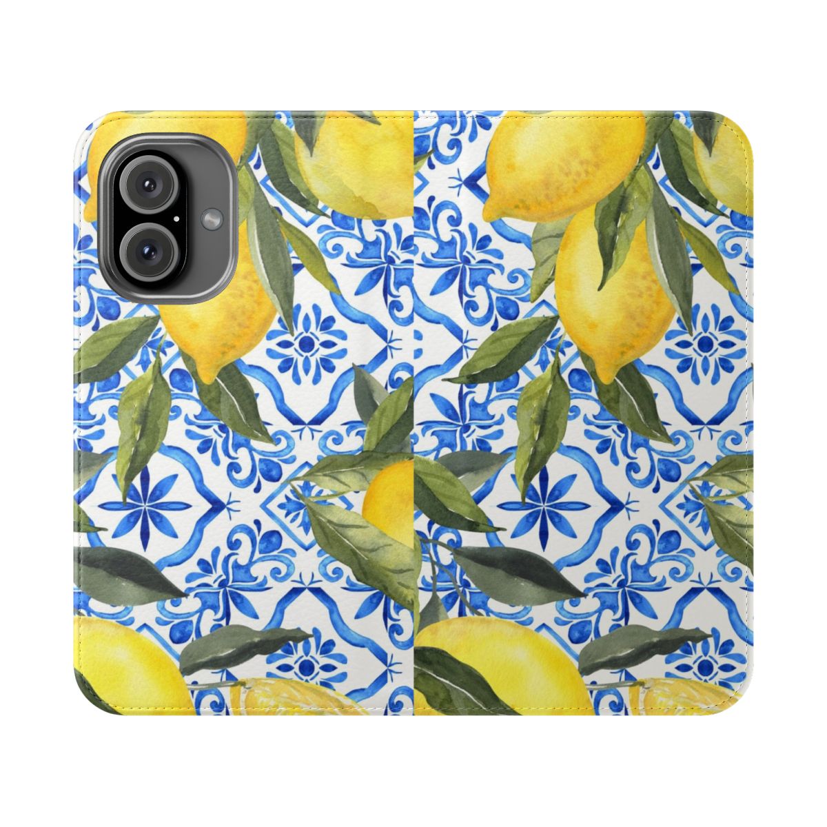 Blue and white tile pattern phone case with a lemon design