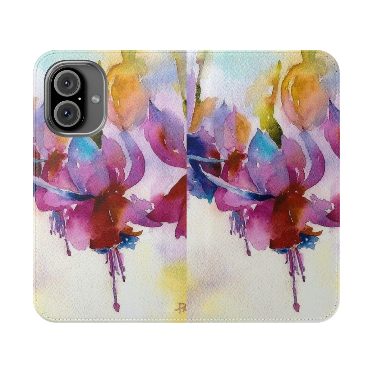 Watercolor painting of fuchsia flowers on a protective phone case