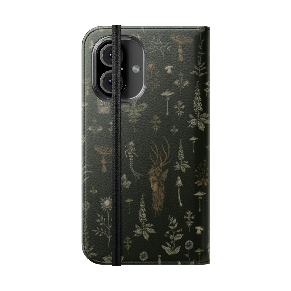 A stylish and protective phone case featuring a nature-inspired design with a guardian figure, trees, and mystical elements. - Folded Front