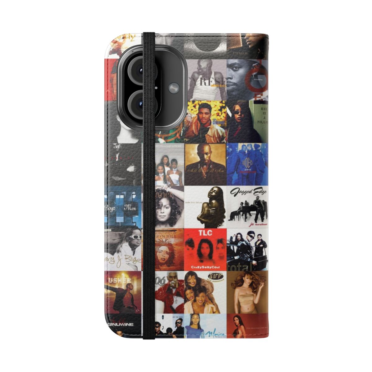 Retro-inspired flip cover phone case featuring a collage of 90s and 2000s R&B and hip hop artists. - Folded Front