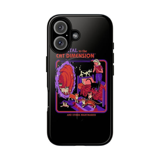 A phone case featuring a dimensional cat design with a retro, sci-fi aesthetic.