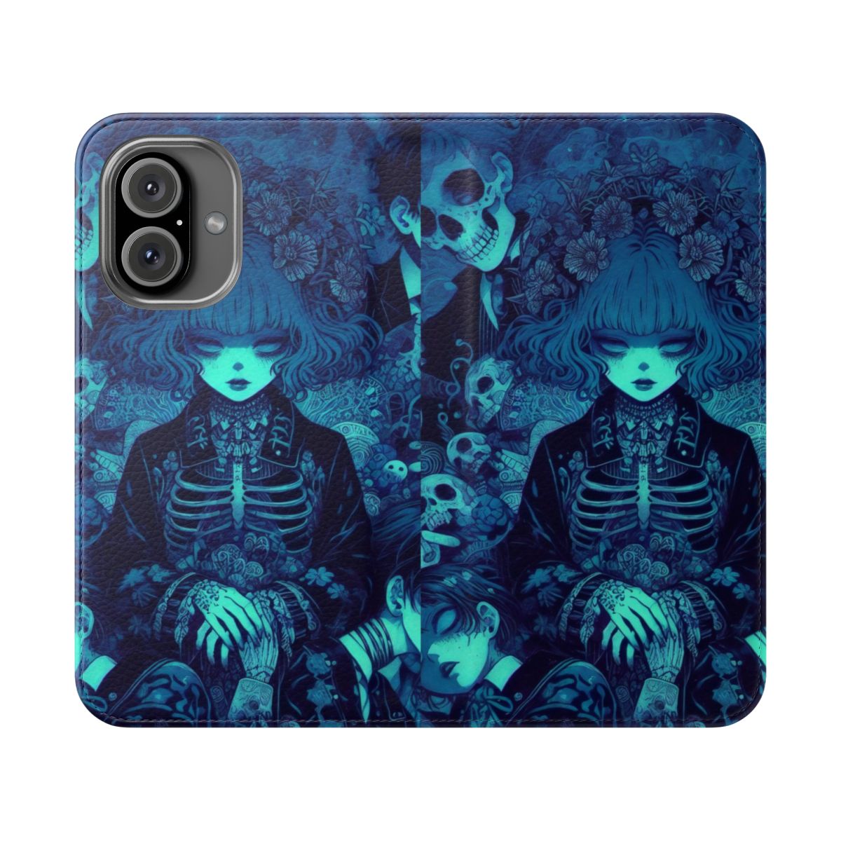 Artistic phone case with blue skeletal figure and haunting rainy night scene, representing the Guardians of Memory.