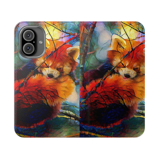 Colorful illustration of a fluffy red panda amidst autumn leaves and branches on a phone case