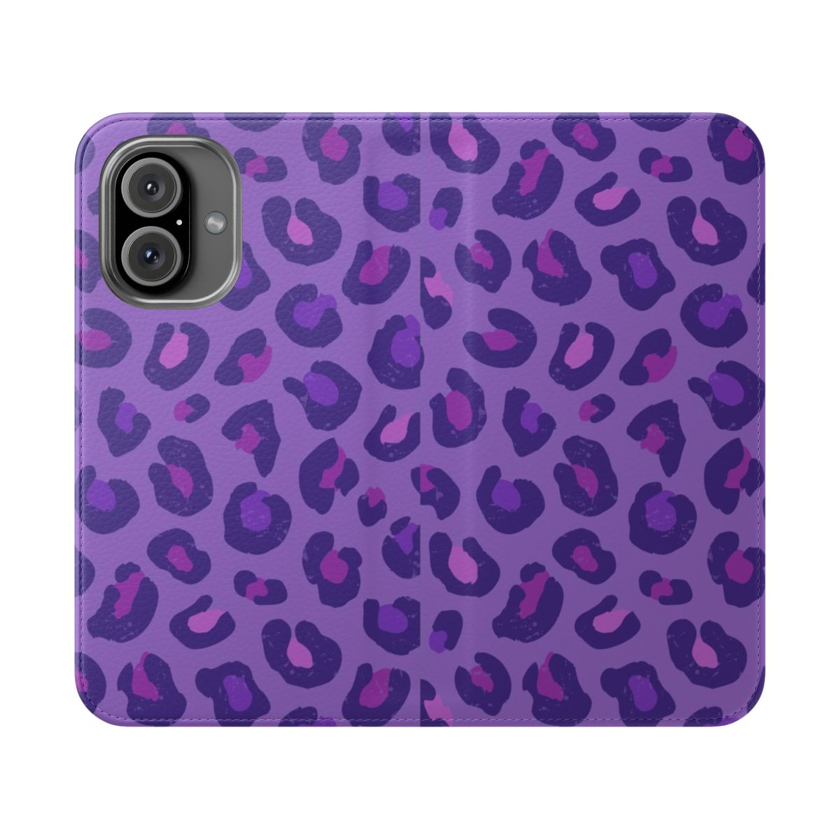 Vibrant leopard print flip cover phone case in purple and dusty pink tones.