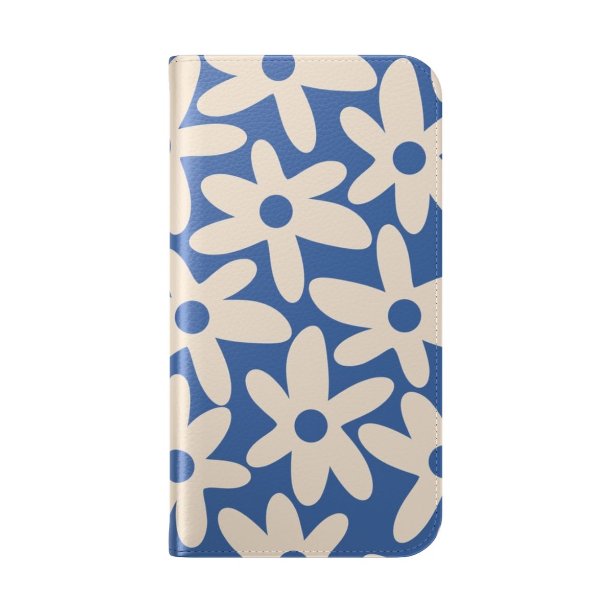 Retro floral pattern phone case in a soft blue color with a cheerful, whimsical design. - Folded Back