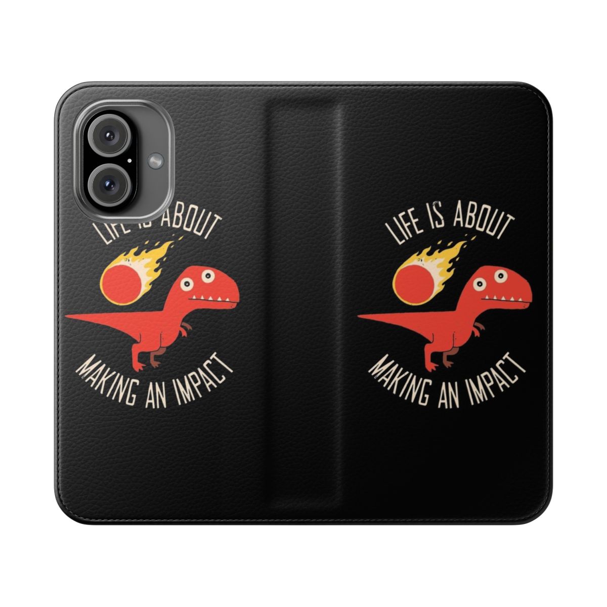 Dinosaur themed flip cover phone case with typography and character design