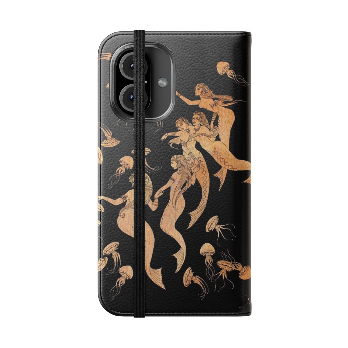 Artistic phone case featuring a mermaid and jellyfish in an underwater, art nouveau-inspired design. - Folded Front