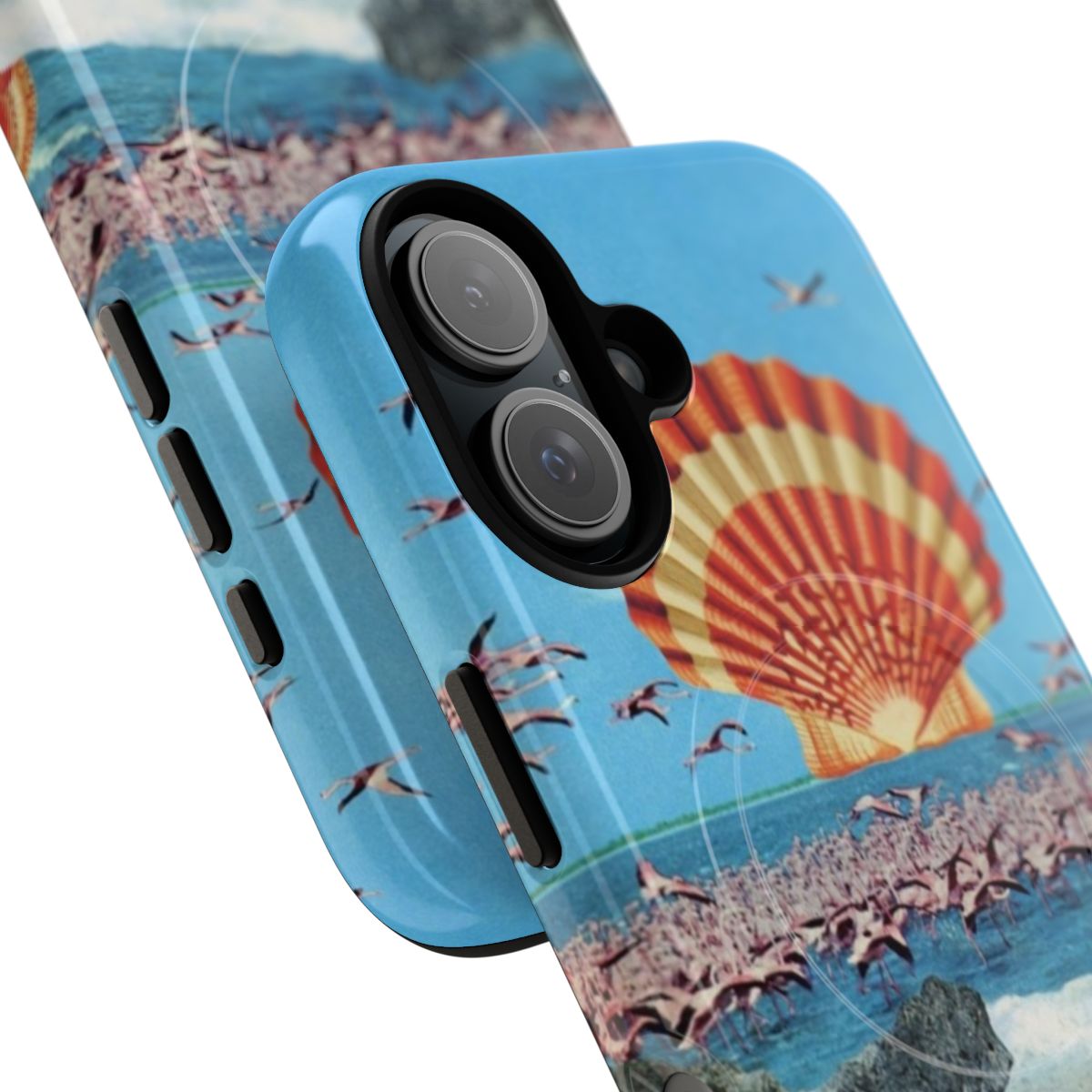 A magnetic phone case featuring a surreal collage design with a flamingo, vintage beach elements, and a trippy, psychedelic landscape. - Detail