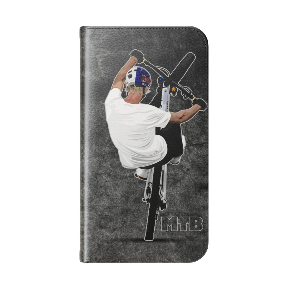 Grunge grey wall flip phone case with mountain bike and cycling graphics - Folded Back