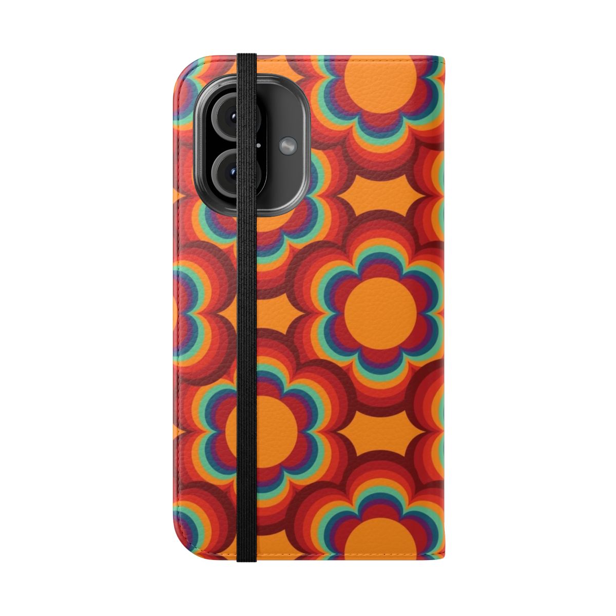 Colorful 70s-inspired phone case with a repeating big sacred flower pattern design - Folded Front