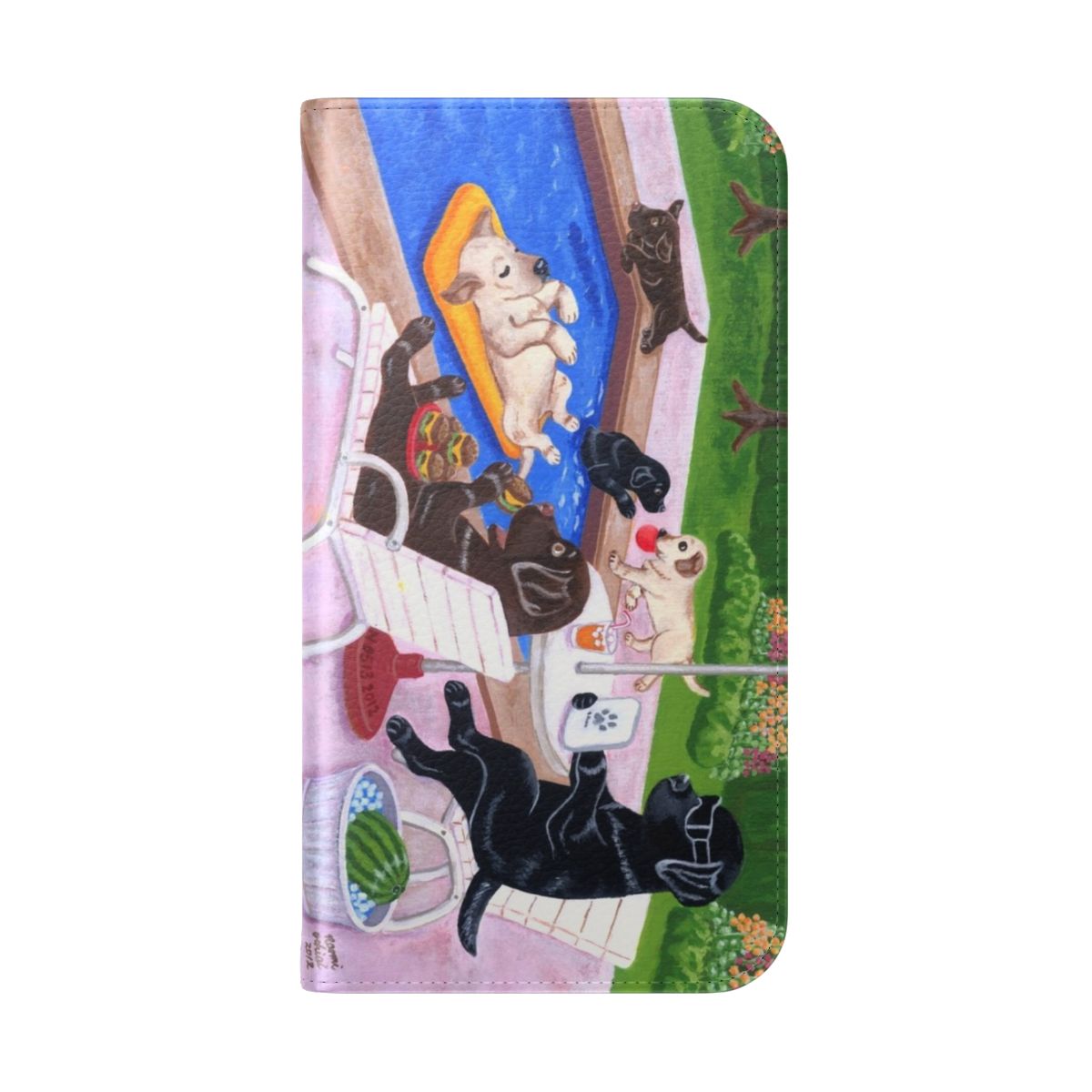 Vibrant illustration of Labrador Retrievers enjoying a pool party on a phone case - Folded Back