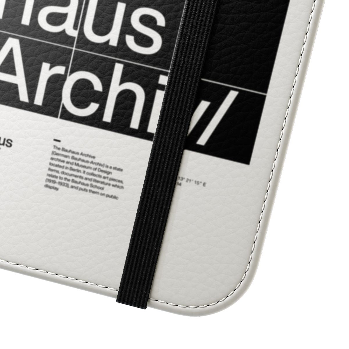 Minimalist Bauhaus-inspired flip cover phone case with modern, typographic design - Close Up