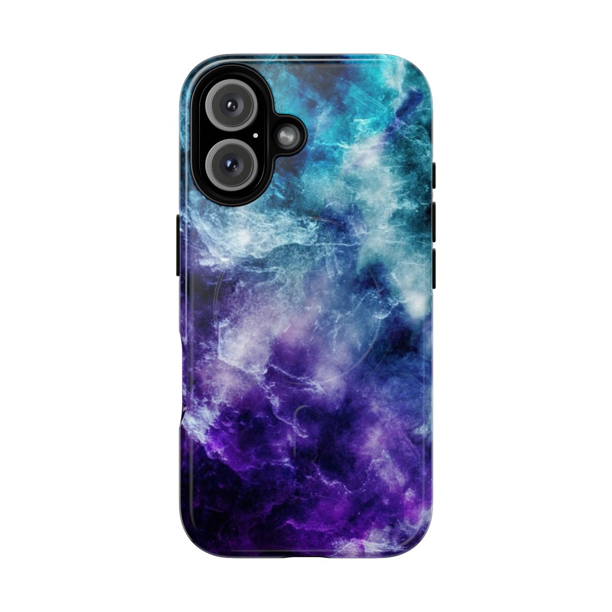 A phone case featuring a captivating galaxy nebula marble design in shades of purple and teal.