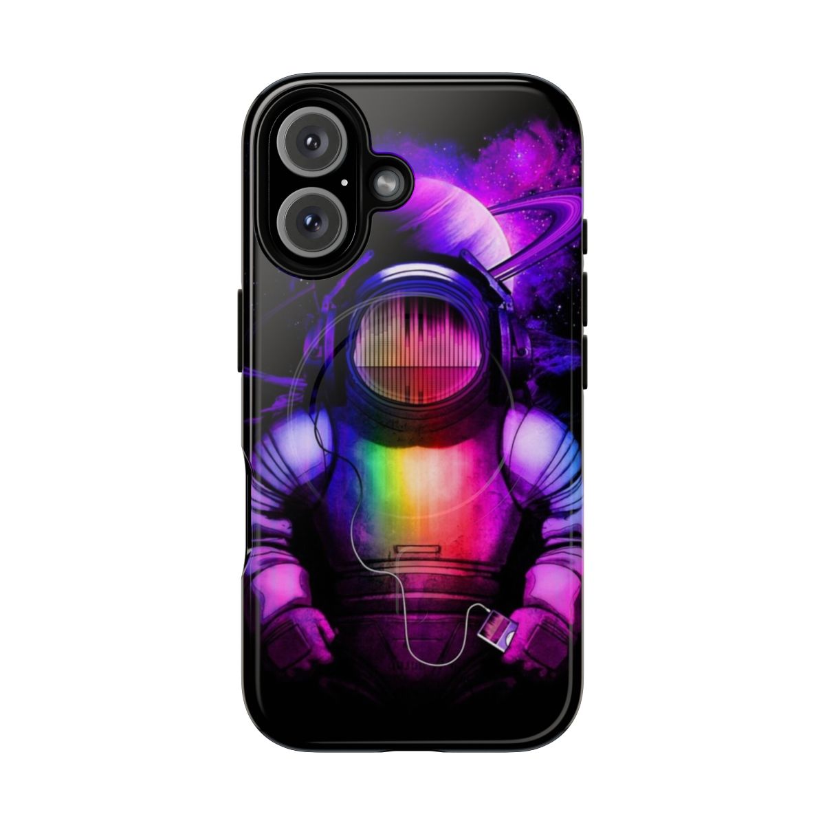 A tough and magnetic phone case featuring a space and music design, with an astronaut and planets.