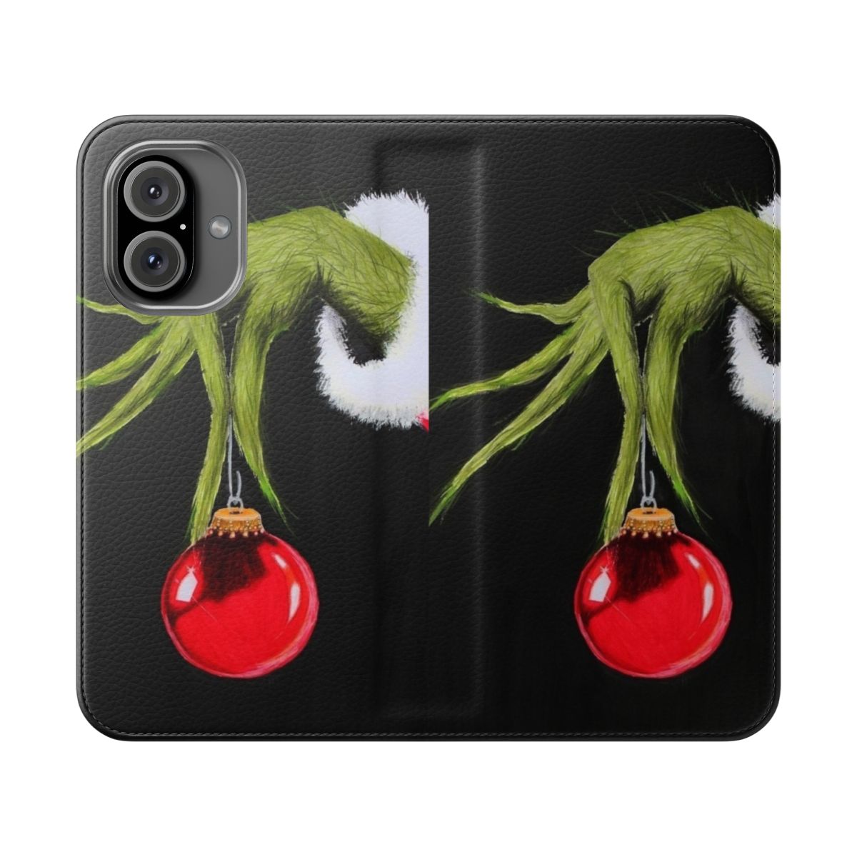 A flip cover phone case featuring a whimsical Grinch-inspired design, perfect for the holiday season.