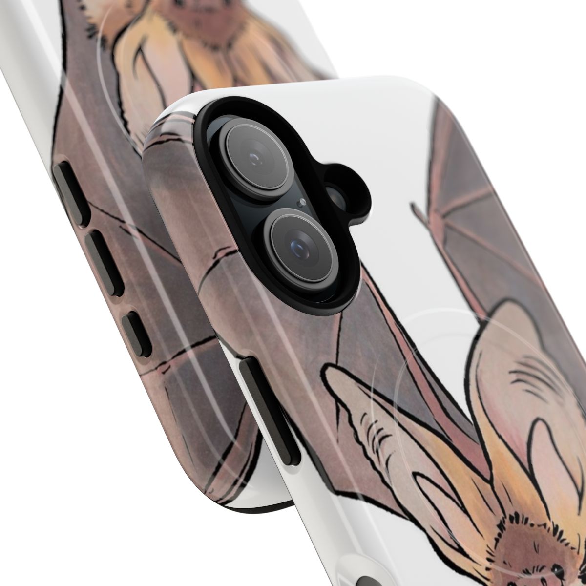 Illustration of a grey long-eared bat on a tough phone case - Detail