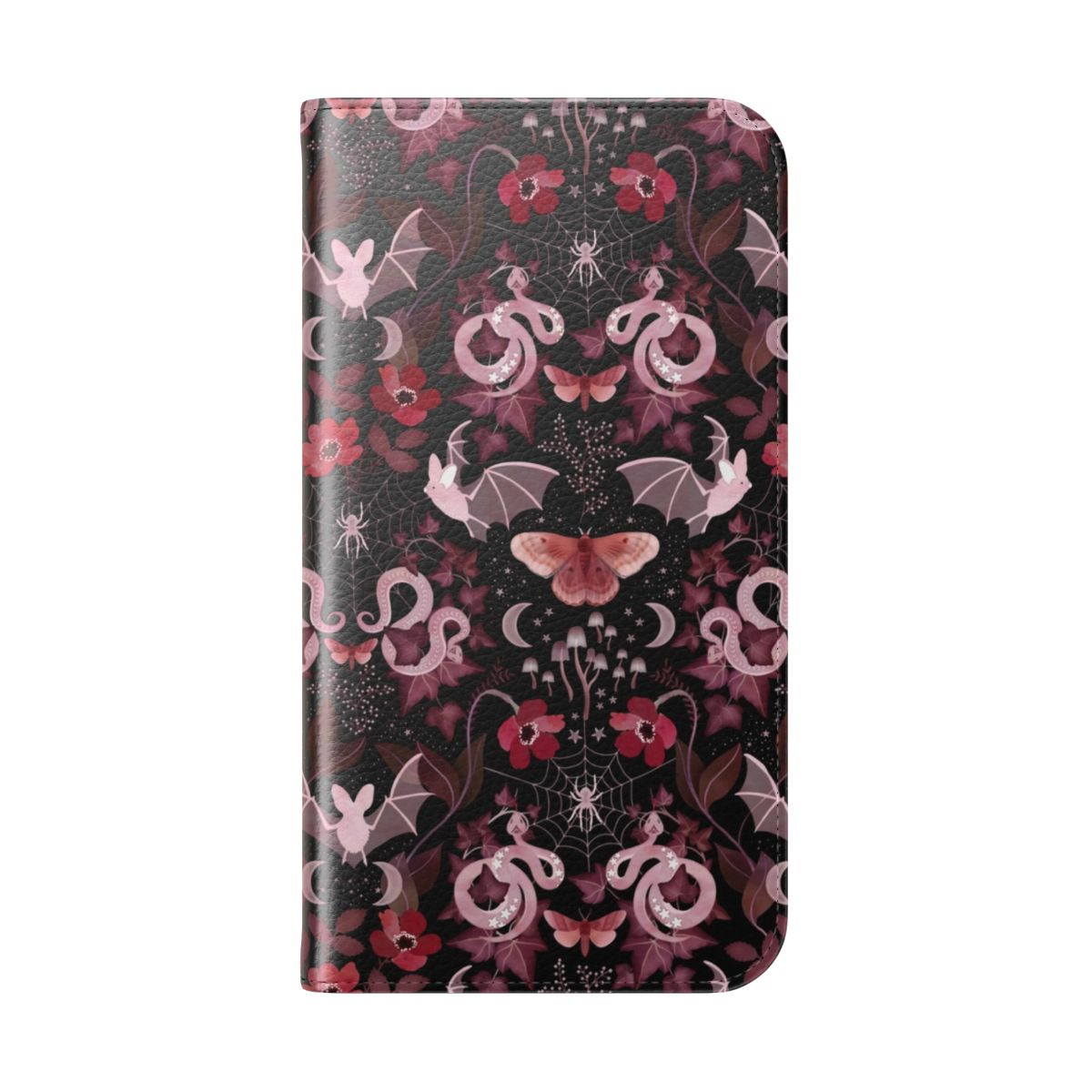 Moody gothic bat and snake damask pattern printed on a flip cover phone case - Folded Back