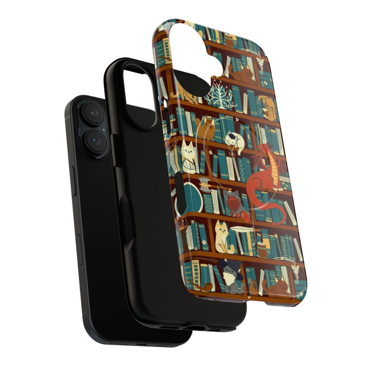 Magnetic phone case with fantasy book, dragon, and cat design - Layers