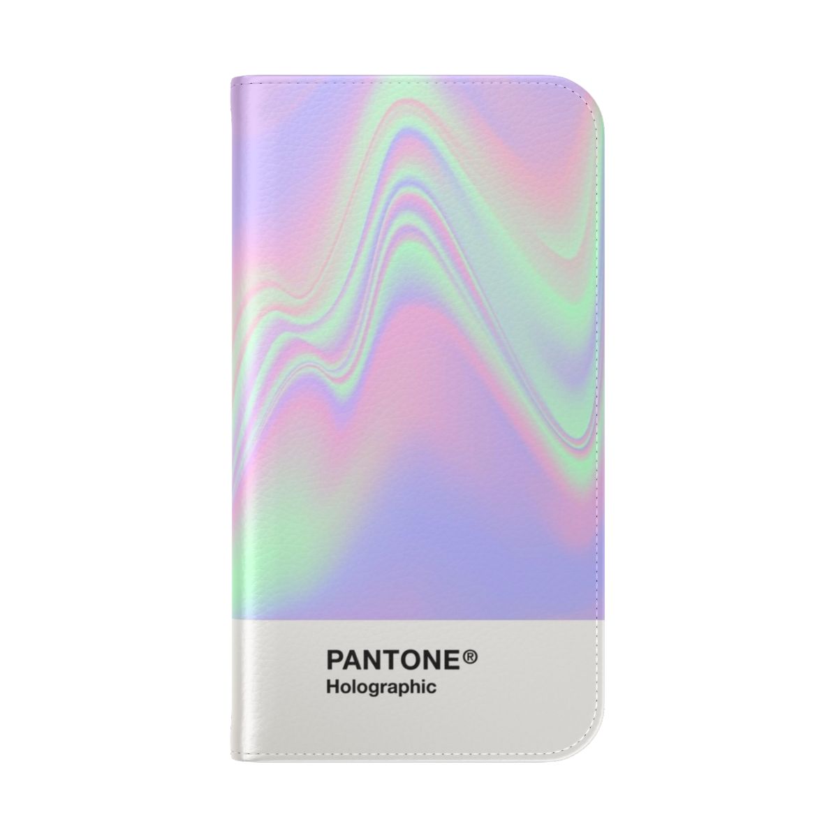 Shimmering holographic gradient phone case with vibrant colors and a stylish flip cover design. - Folded Back